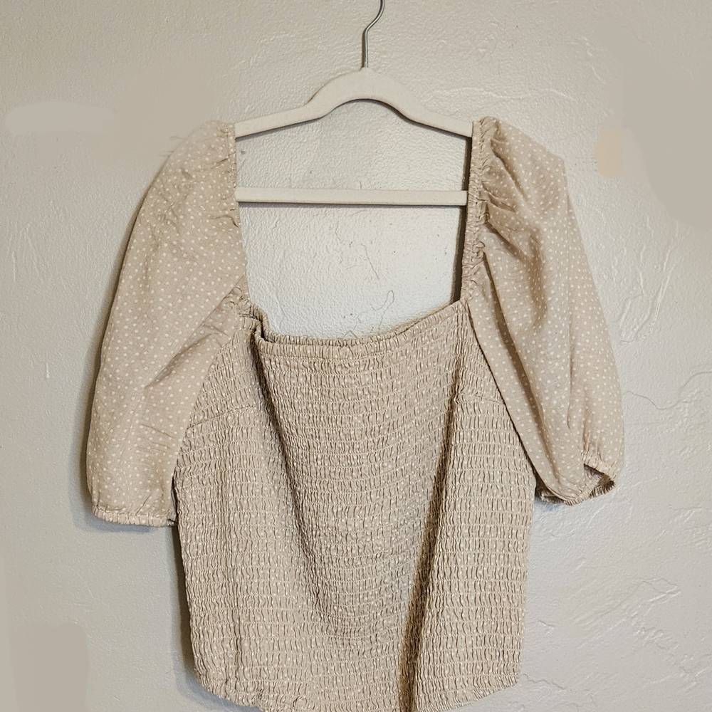 Abercrombie Beige Dot Smocked Puff Sleeve Top Size XL